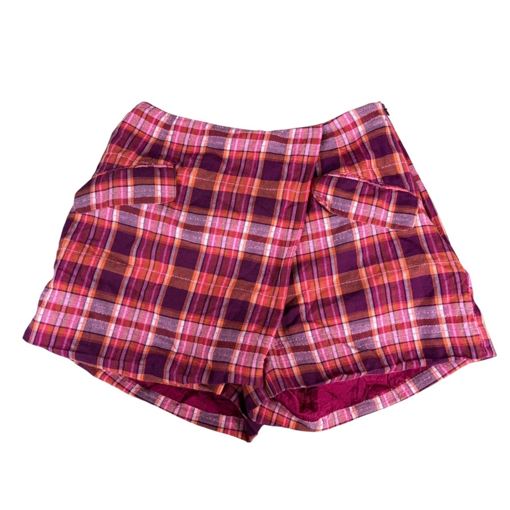 Maeve Anthropologie Plaid Skort Pink Purple Metallic Wrap Front Zipper Side 0